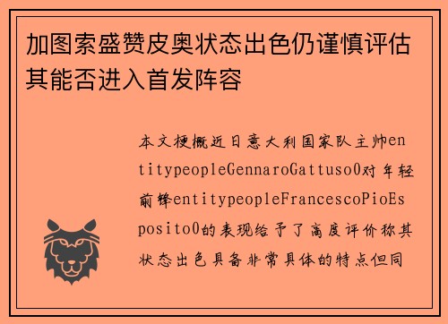 加图索盛赞皮奥状态出色仍谨慎评估其能否进入首发阵容